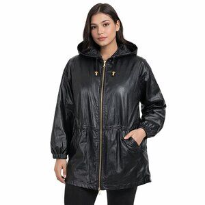 Wilsons Leather Coat Women XL Black Hooded Front Zip Quilted Thinsulate Lining